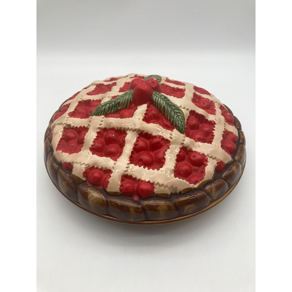 Vintage Ceramic Cherry Pie Keeper Dish Covered Lattice Crust Top 10.5"